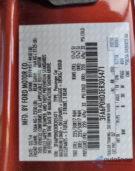 2014 Ford Fusion Se из США, поврежденный, VIN 3FA6P0HD3ER305471